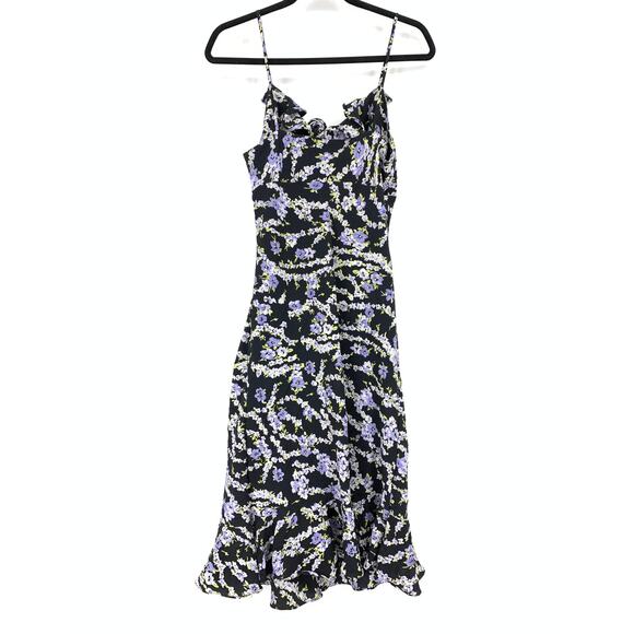 Vintage 90s Midi Dress Womens Size S/M Black Purple Floral Print Ruffle Detail - Picture 2 of 5